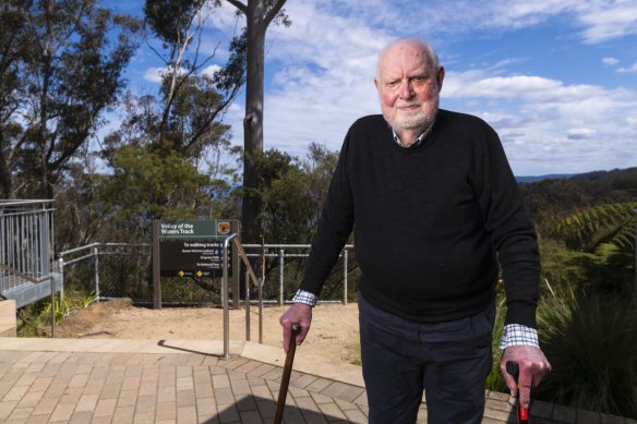 David Stratton, now 85, pictured in Wentworth Falls: “I had a friend in Sydney, and he was saying, ‘You should come as a ten pound Pom, and I can sponsor you’. And so I did.”