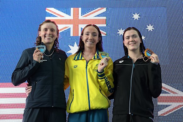 Lani Pallister with her gold medal. Katie Ledecky (left) took silver.