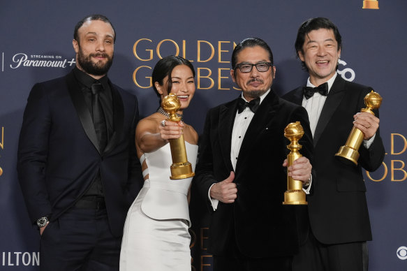 Cosmo Jarvis, Anna Sawai, Hiroyuki Sanada and Tadanobu Asano with the Golden Globes they won for Shogun.