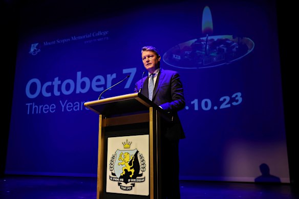 Clear line: Ben Carroll made a direct link between the October 7 attacks, the firebombing of a Melbourne synagogue and the Bondi massacre.