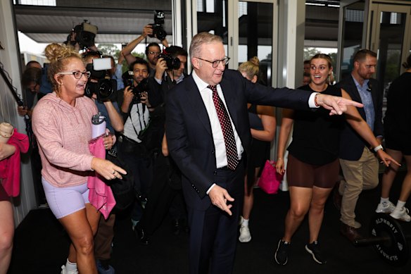 Albanese meets people at a gym before a visit to the Murrumba Downs Medical and Dental Centre on the first day of the campaign.