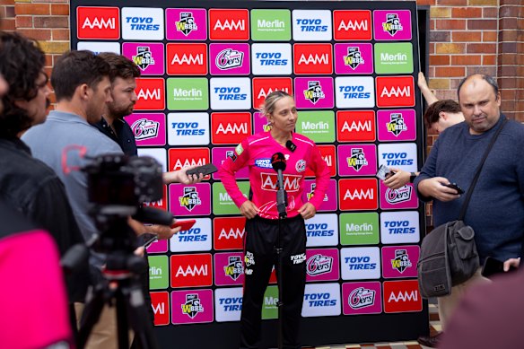 Sydney Sixers captain Ash Gardner fronts the press on Monday in Sydney. 