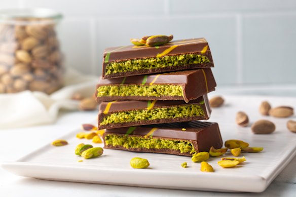 The Dubai chocolate bar has a pistachio, tahini and kataifi (shredded filo pastry) filling.  