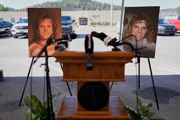 Photographs of murder victim Colleen Slemmer outside the prison this week.