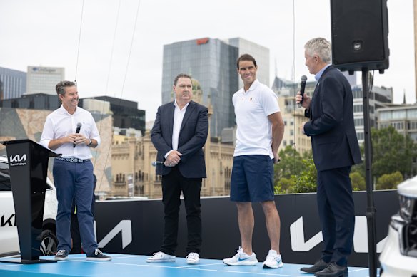 Rafael Nadal (second from right) with Todd Woodbridge, Kia Australia’s Damien Meredith and Tiley ahead of the 2023 Australian Open.