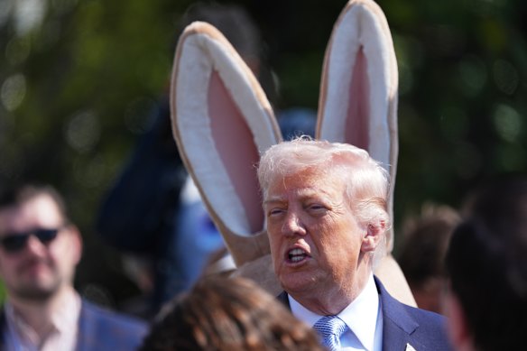 Il presidente degli Stati Uniti Donald Trump all'annuale Easter Egg Roll della Casa Bianca.