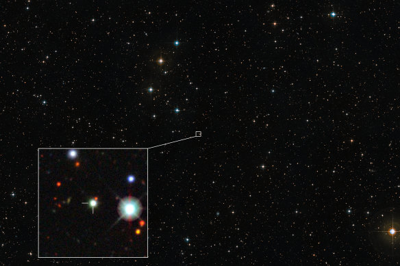 The region of the sky in which the record-breaking quasar J0529-4351 is situated.