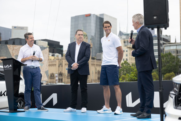 Nadal (second from right) with Todd Woodbridge, Kia Australia’s Damien Meredith, and Australian Open boss Craig Tiley ahead of the 2023 Australian Open.