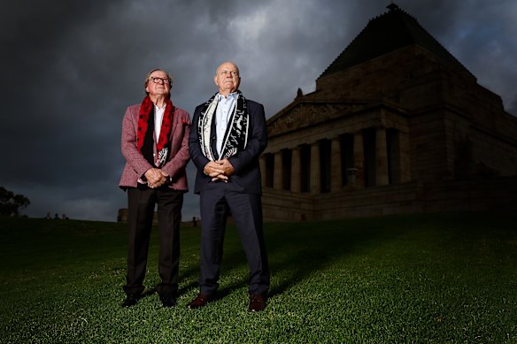 Kevin Sheedy and Leigh Matthews at the Shrine of Remembrance this week.
