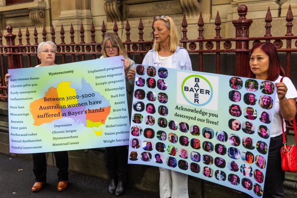 Sandra Henderson is pictured (far left) at the Victorian Supreme Court with other women who say they were harmed by the Essure, Ursula Domzalski, Debra Hodges and Nina Bernius.