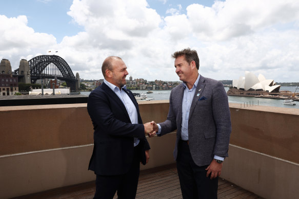 Rugby Australia chief executive and Andy Marinos and New Zealand Rugby chief executive Mark Robinson.