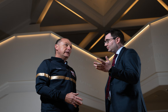 Sydney United coach Miro Vlastelica (left) and Jewish Board of Deputies chief executive Darren Bark at Sydney Jewish Museum.