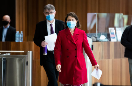 Premier Gladys Berejiklian and NSW Health’s Dr Jeremy McAnulty on Sunday.