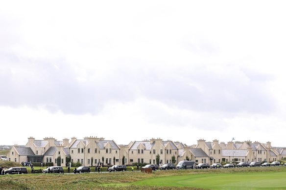 A motorcade passes through the course of Amgen Irish Open at Trump International Golf Links in Doonbeg in Clarecastle, Ireland.