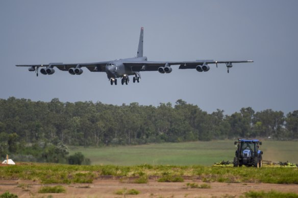 A US air force bomber lands at an Australian base in Darwin in 2018.