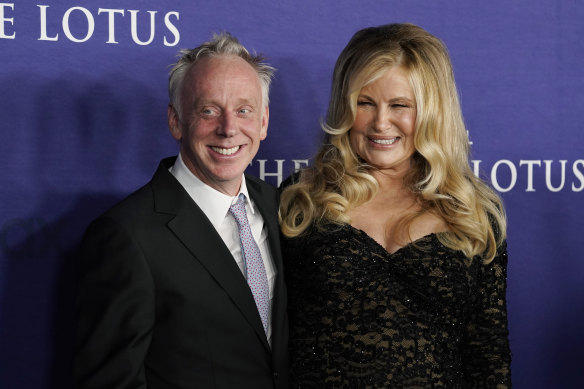 Mike White (left), the creator, director and writer of “The White Lotus,” and Jennifer Coolidge (right) at the Season 2 premiere of the HBO series.