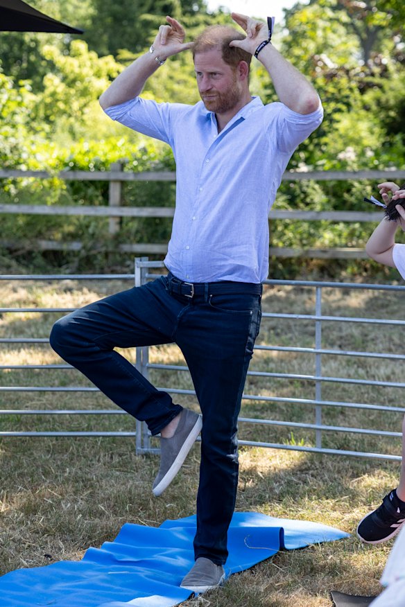 Harry ha assunto una variazione della posa dell'albero stando in piedi su una gamba mentre faceva le orecchie di capra con le mani.