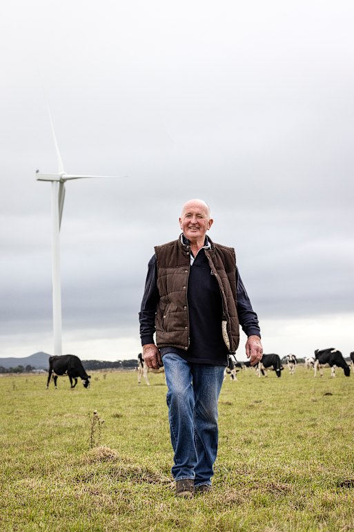 Kolora dairy farmer Bernie Conheady is hosting four turbines from the Mortlake South Wind Farm on his property.