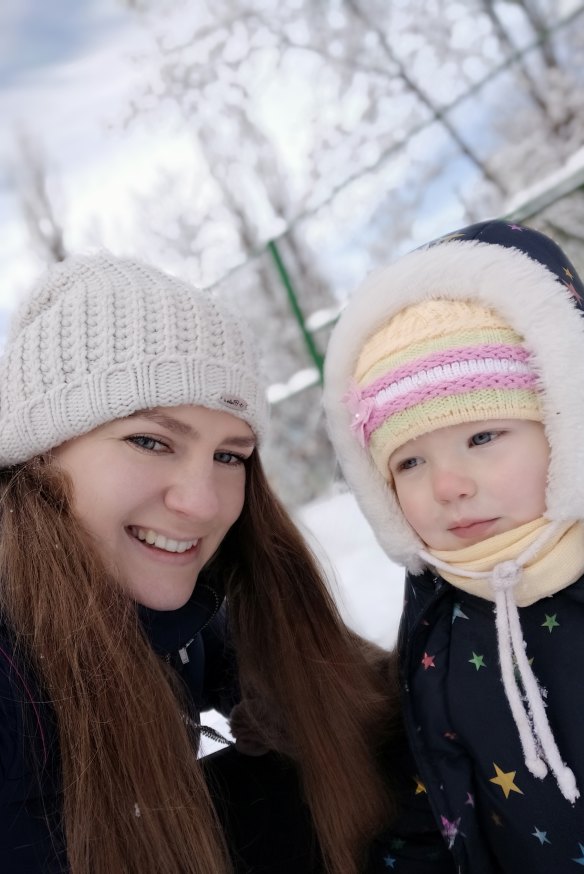 Anna Viktorova with her daughter, Milana, in Ukraine. 