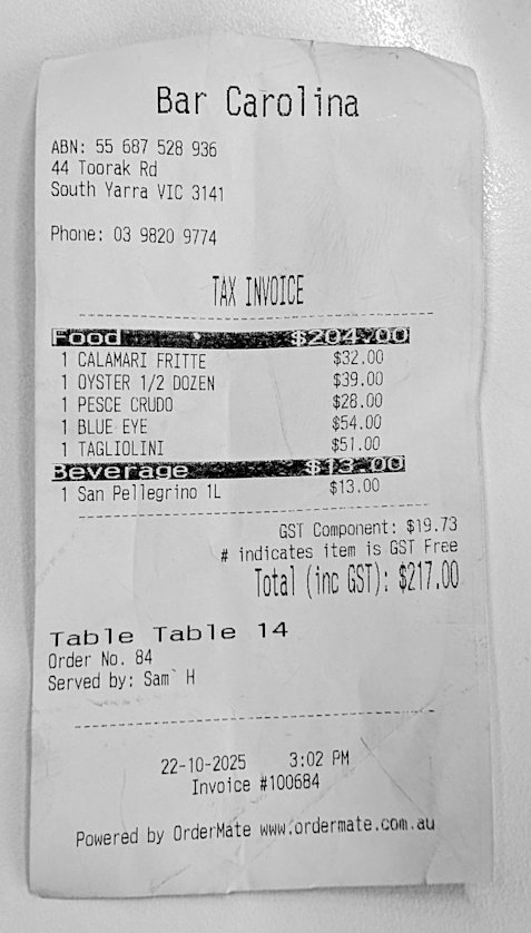 Bar Carolina receipt.