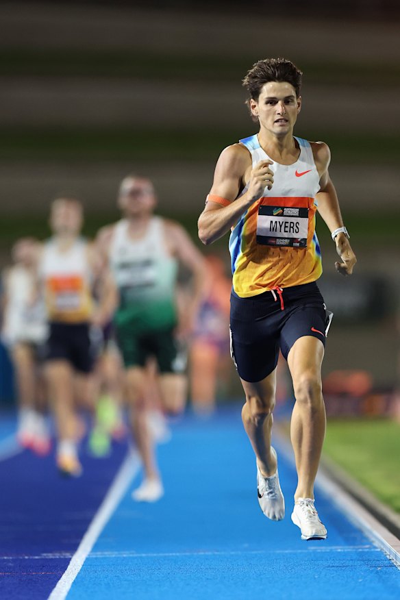 Cam Myers about to win the Australian 1500m title in Sydney with the rest of the field way back in the distance.