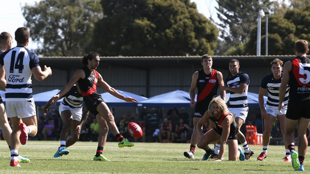 Big finish: Essendon’s Jake Long kicks a goal to put the Bombers ahead during the final quarter in Colac. 