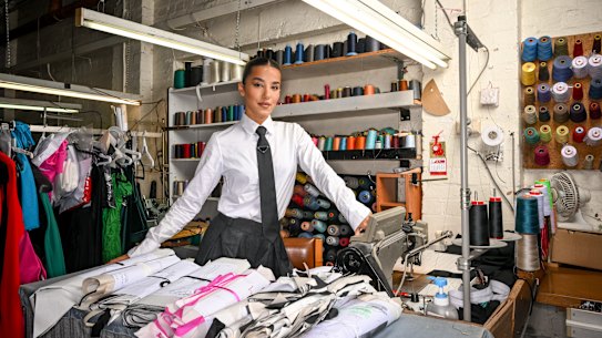 Fashion designer Effie Kats at her workshop in Coburg. 1 March 2023. The Age News. Photo: Eddie Jim.