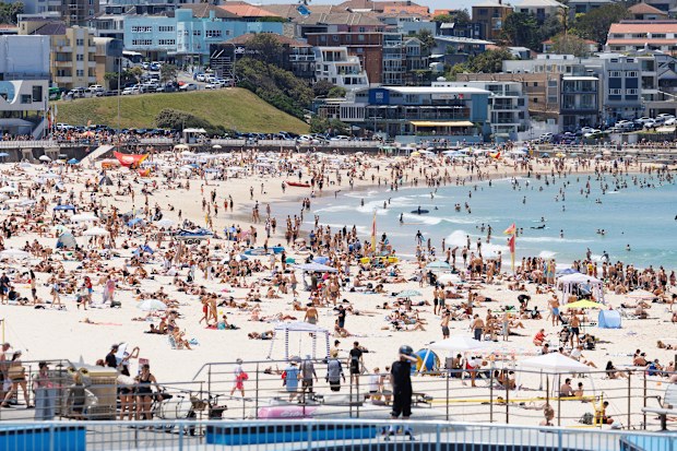 People flocked to Bondi Beach to enjoy a sunny 28 degree afternoon. November 16, 2025. Photo: Max Mason-Hubers.
