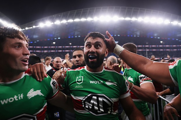 Alex Johnston leaves the field after breaking the all-time try scoring record.