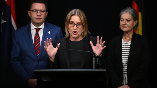 Police Minister Anthony Carbines, Premier Jacinta Allan and Attorney-General Sonya Kilkenny announced changes to Victoria’s bail laws.