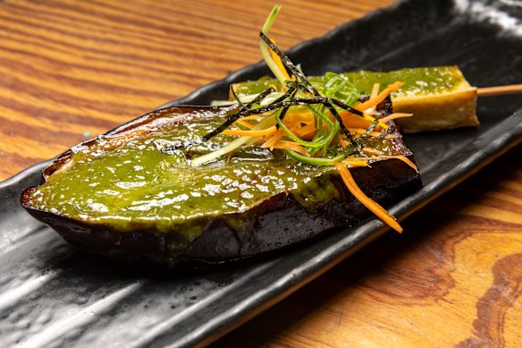 Nasu dengaku eggplant with tofu skewer.