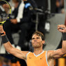 Rafael Nadal celebrates his victory over Alex de Minaur.