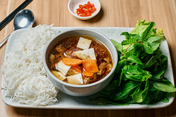 Quan Lua’s bun cha is a DIY plate of pork, broth, noodles and herbs.