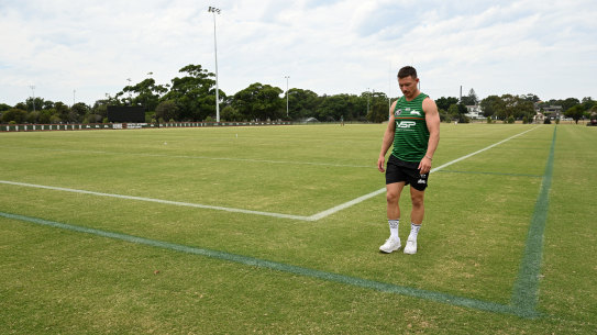Damien Cook checks out the difference between the size of the field NRL players usually play on (green lines) and what they will experience in Las Vegas (white lines).