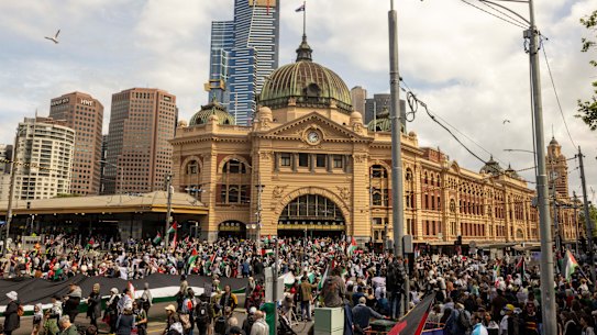 At one stage the rally stretched from Flinders Street Station to Bourke Street.