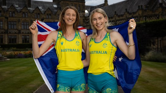 Australian high jumpers Nicola Olyslagers (left) and world champion Eleanor Patterson at the team’s athletics base in Tonbridge.