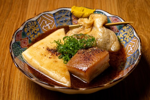 Diners can customise their oden and add three items, such as (clockwise from left) fish cake, mochi kinchaku (a sack of tofu) and pork belly.