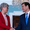 Foreign Minister Penny Wong and US Secretary of State Marco Rubio shake hands before a meeting at the State Department in Washington.