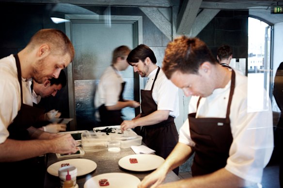 Redzepi and chefs working in the Noma kitchen in 2010.