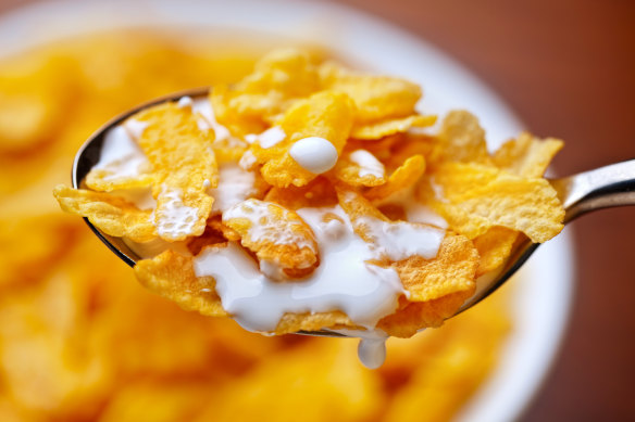 The classic Australian breakfast, Corn Flakes and milk. 