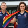 Geelong AFL captain Joel Selwood, AFLW captain Meg McDonald, and CEO Steve Hocking celebrating the AFLW’s Pride Round.