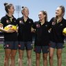 Rookie umpires Kaitlin Barr (far left), Jordyn Pearson, Gabby Simmonds and Georgia Henderson.
