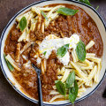 Silky sausage ragu with creamy burrata cheese.