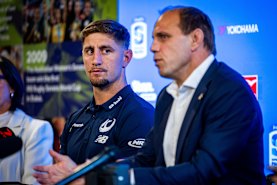 Zac Lomax with RA boss Phil Waugh at his press conference in Sydney.
