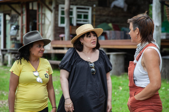 Nakkiah Lui (centre) on the road for her First Eat podcast.