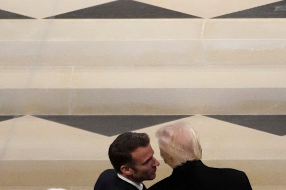 French President Emmanuel Macron talks to President-elect Donald Trump in Notre Dame Cathedral as France’s iconic cathedral is formally reopening its doors for the first time since a devastating fire nearly destroyed the 861-year-old landmark in 2019\.