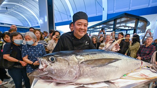   John Wong with a 55kg yellow fin tuna at Chadstone shopping centre unveils its new food and dining hub, Market Pavilion, which aims to house everything in one roof, from curated gourmet items to everyday pantry essentials, and show off the best of Melbourne’s food culture in one destination.  