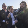 Protesters blocking the entrance to the ALP state conference. 