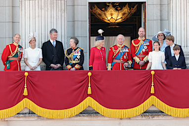 (L-R) Prince Edward, Duke of Edinburgh, Sophie, Duchess of Edinburgh, Vice Admiral Sir Timothy Laurence, Princess Anne, Princess Royal, Queen Camilla, King Charles III, Prince William, Prince of Wales, Catherine, Princess of Wales, Princess Charlotte of Wales, Prince George of Wales and Prince Louis of Wales watch an RAF flypast from the balcony of Buckingham Palace during Trooping The Colour