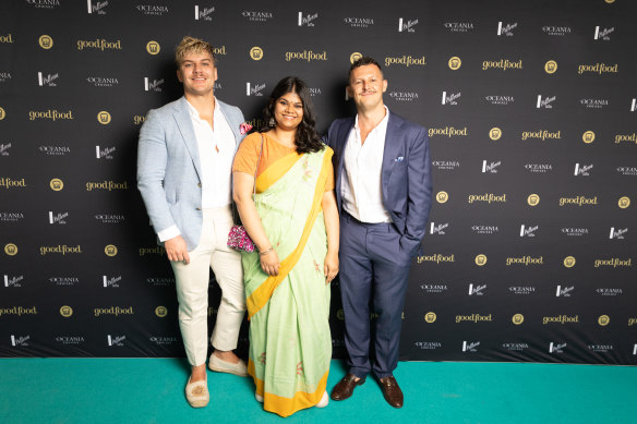 Kirk and Nick Mathews-Bowden with chef Ahana Dutt (centre) from Raja in Potts Point.
